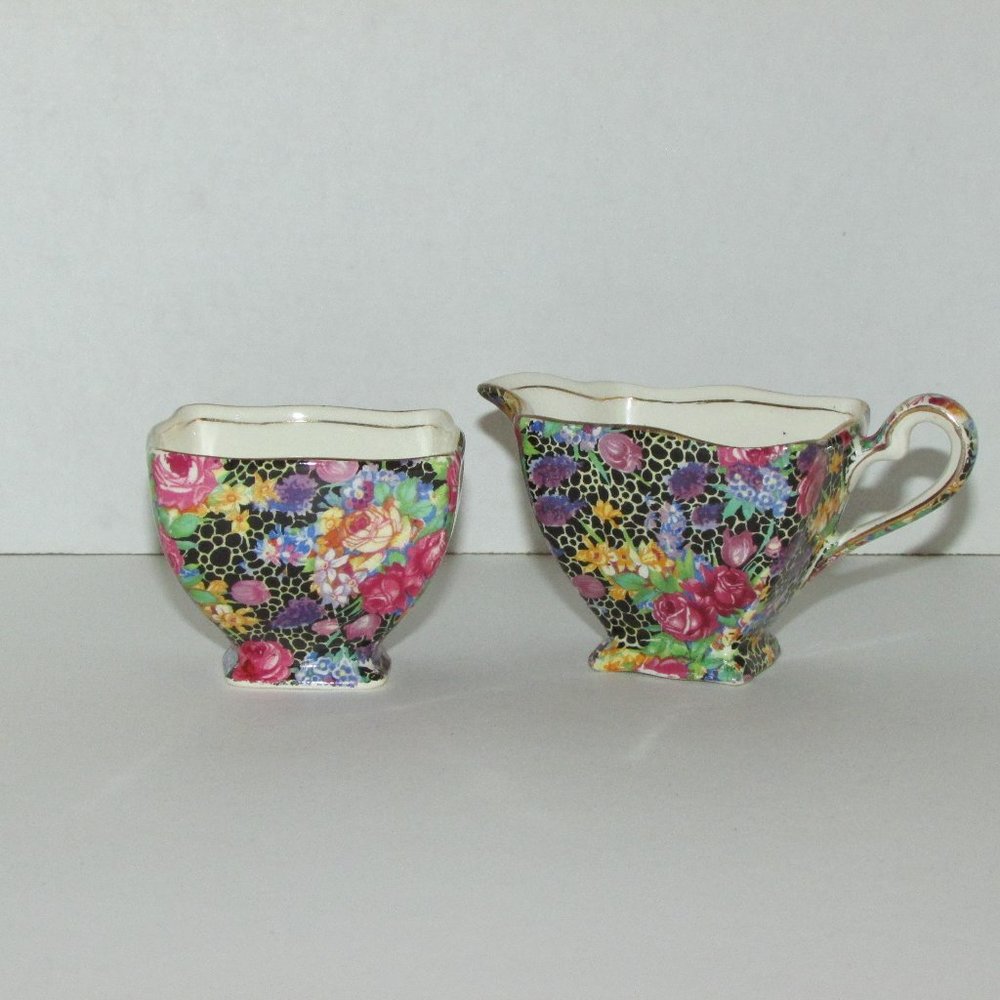 ROYAL WINTON Grimwades HAZEL Antique Creamer & Sugar Bowl Black Chintz Square